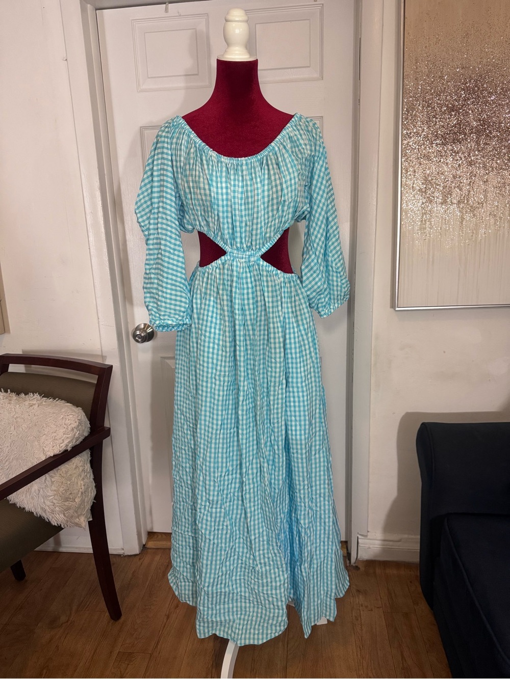 Light Blue Gingham Cutout Maxi Dress - Women